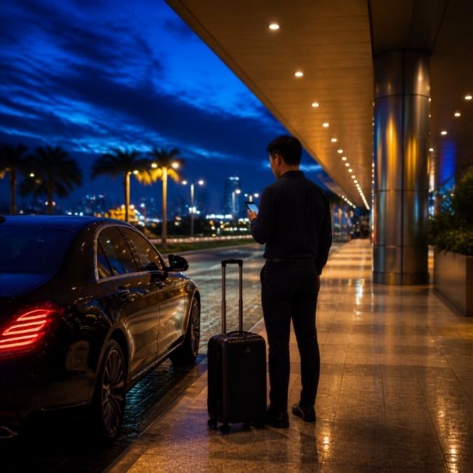 공항 승차 구역에서 여행 가방과 함께 차량을 기다리는 사람