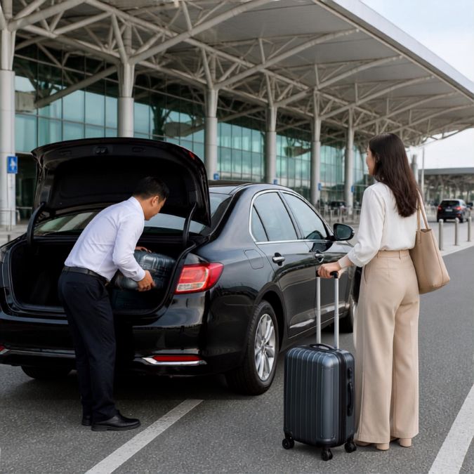 공항 픽업 차량에 여행자의 짐을 싣는 운전기사