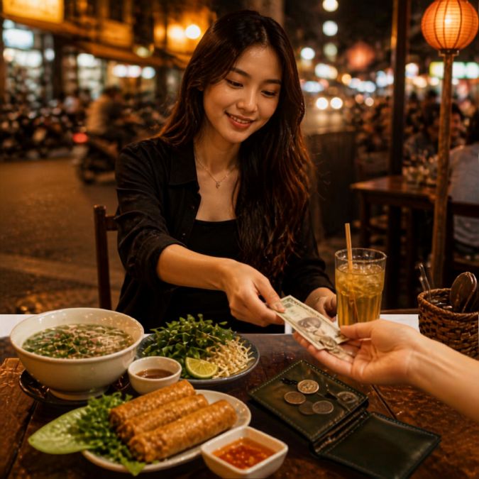 현지 음식과 음료가 놓인 식탁에서 비용을 지불하는 모습