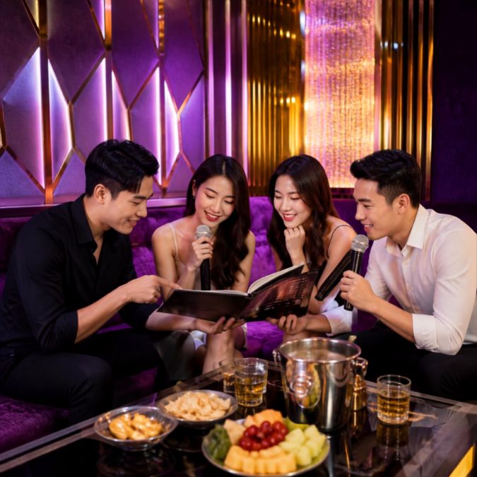 노래방 룸에서 메뉴를 살펴보고 노래하는 일행