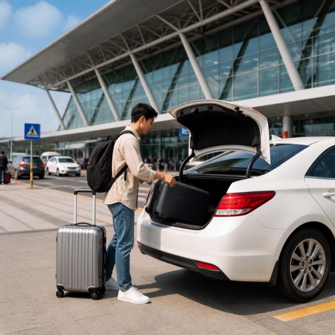 공항 앞 승용차 트렁크에 여행 가방을 싣는 모습