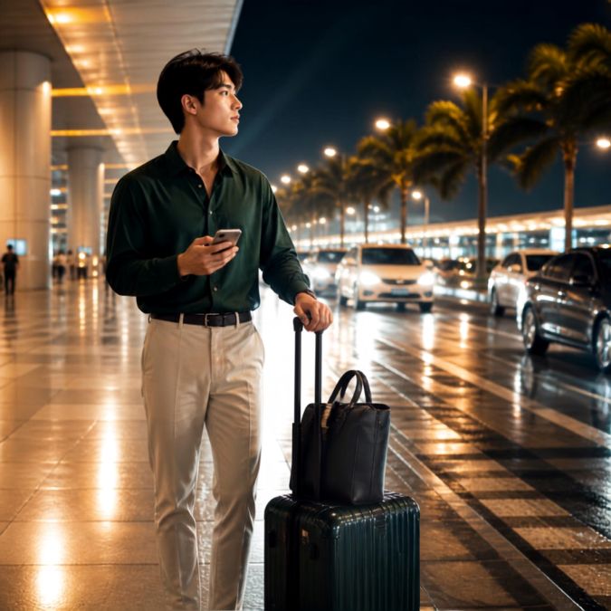 공항 출입구 앞에서 여행 가방과 휴대전화를 든 여행자