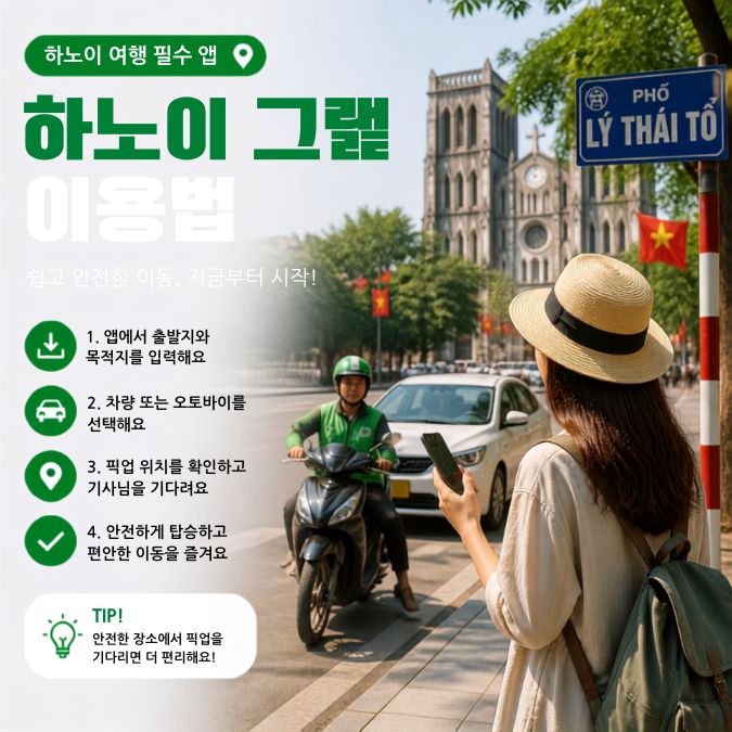 하노이 거리의 차량과 그랩 호출·차량 확인 절차 안내