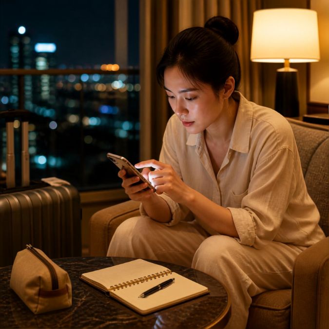 휴대전화로 마사지 종류와 이용 조건을 비교하는 여행자